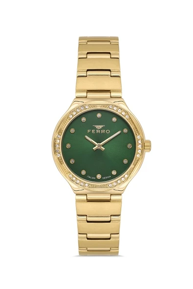 Ferro FL40140A-B6 Quartz Çelik Altın Rengi Yeşil Kadran 31 mm Kadın Kol Saati ürün görseli 1