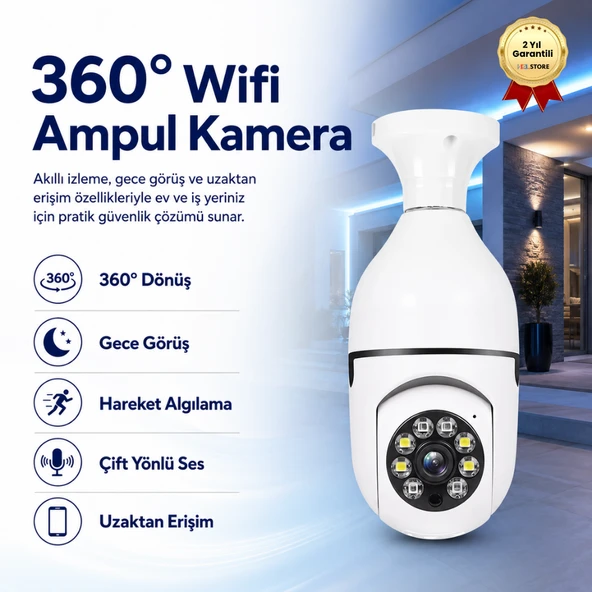 Akıllı Kablosuz IP Kamera Wifi 360 Derece Hareketli Gece Görüş Ses Kayıtllı Ampul Kamera Güvenlik Kamerası ürün görseli 1