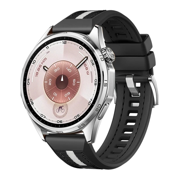 Huawei Watch GT6 46mm İle Uyumlu SportStripe Örgü Desen Metal Tokalı Silikon Akıllı Saat Kordonu  Siyah ürün görseli 1