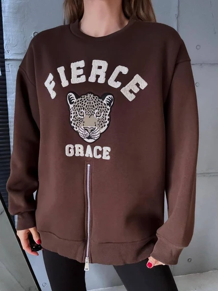 Fermuarlı Leopar Baskılı Oversize Siyah Sweat - Resim 9