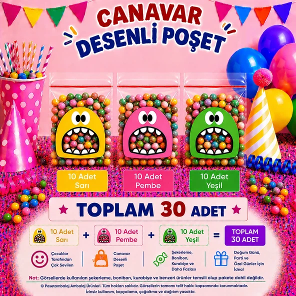 30 Adet Sarı-Pembe-Yeşil Renkli Canavar Desenli Cake Pop & Kurabiye Poşeti-10x15 cm ürün görseli 1