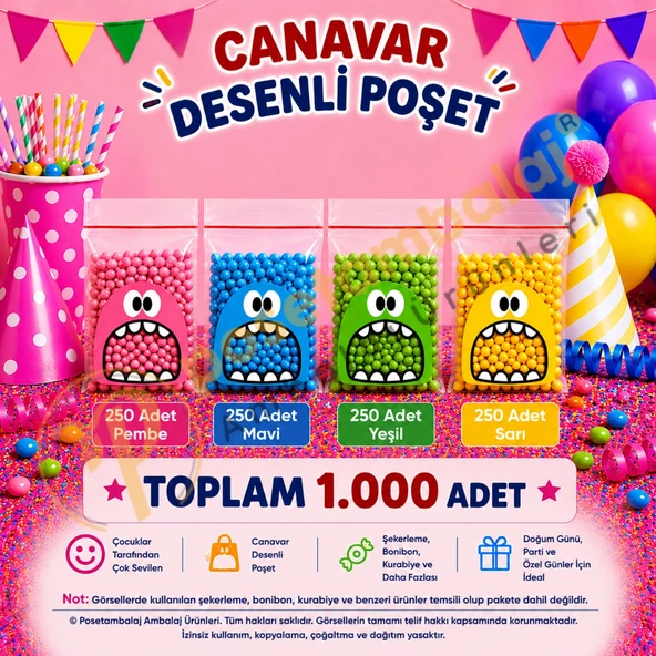 1.000 Adet 4 Renkli Canavar Desenli Cake Pop & Kurabiye Poşeti - 10x15 cm ürün görseli 1