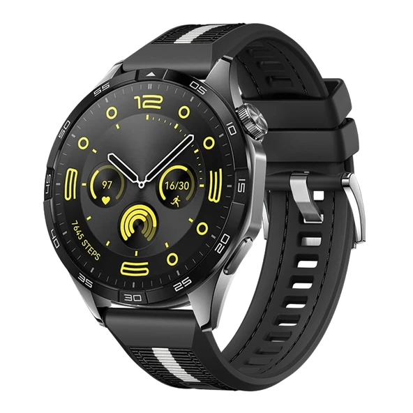 Huawei Watch GT4 46mm İle Uyumlu SportStripe Örgü Desen Metal Tokalı Silikon Akıllı Saat Kordonu  Siyah ürün görseli 1