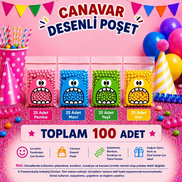 100 Adet 4 Renkli Canavar Desenli Cake Pop & Kurabiye Poşeti - 10x15 cm ürün görseli 1