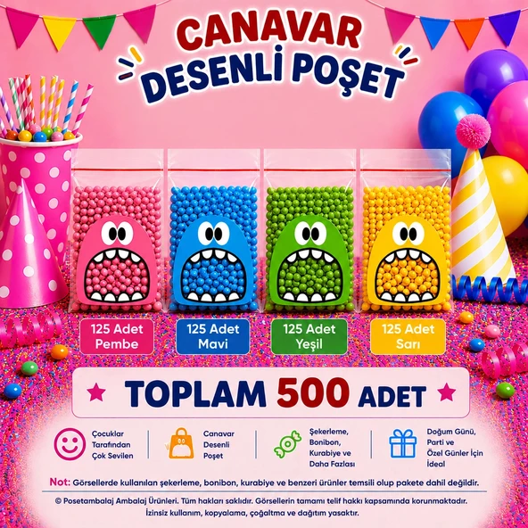 500 Adet 4 Renkli Canavar Desenli Cake Pop & Kurabiye Poşeti - 10x15 cm ürün görseli 1
