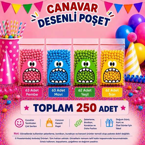 250 Adet 4 Renkli Canavar Desenli Cake Pop & Kurabiye Poşeti - 10x15 cm ürün görseli 1