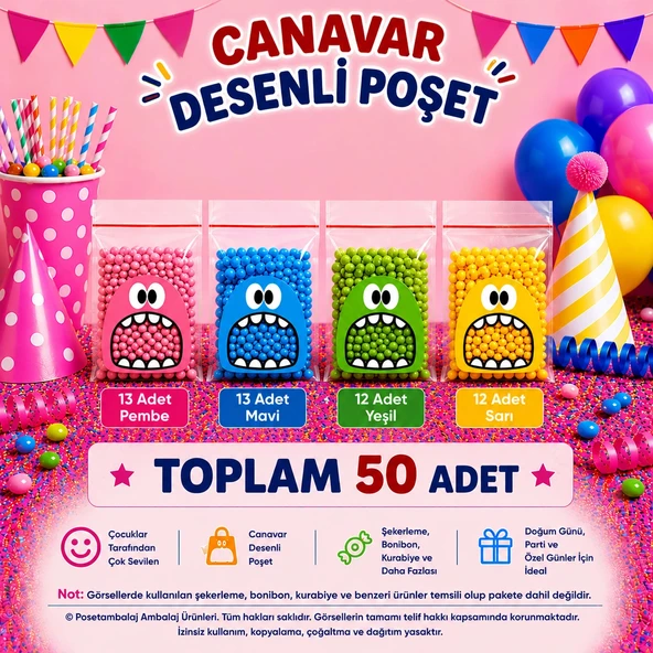 50 Adet 4 Renkli Canavar Desenli Cake Pop & Kurabiye Poşeti - 10x15 cm ürün görseli 1