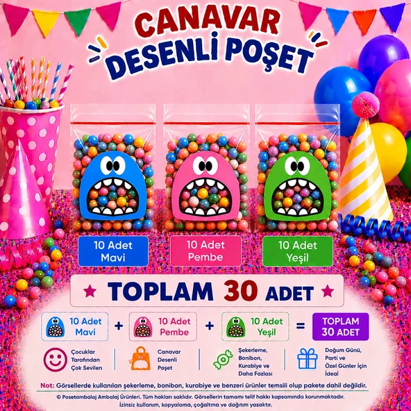 30 Adet Mavi-Pembe-Yeşil Renkli Canavar Desenli Cake Pop & Kurabiye Poşeti-10x15 cm ürün görseli 1