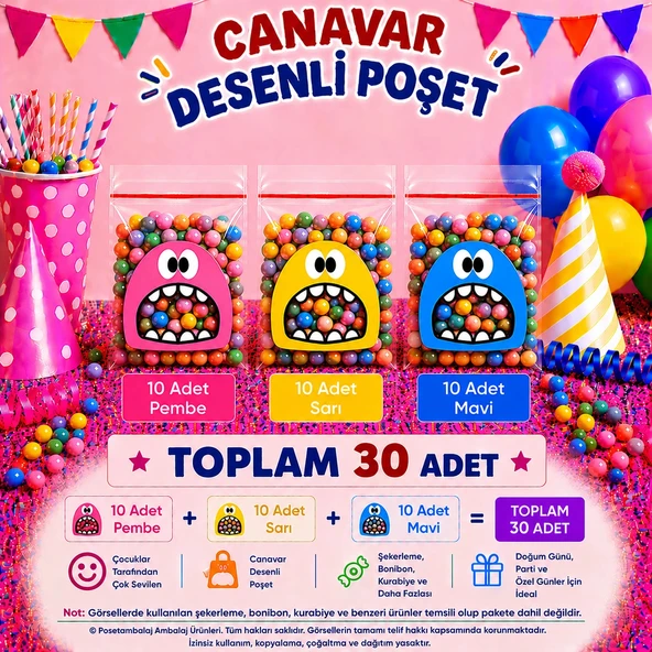 30 Adet Pembe-Sarı-Mavi Renkli Canavar Desenli Cake Pop & Kurabiye Poşeti-10x15 cm ürün görseli 1
