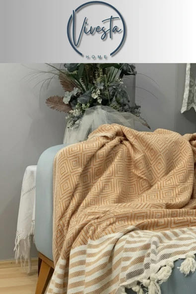 Vivesta Home Pamuk Kumaş Püsküllü Koltuk Örtüsü 170x210 cm – Yumuşak Dokulu, Şık ve Dekoratif Kanepe Şalı ürün görseli 1