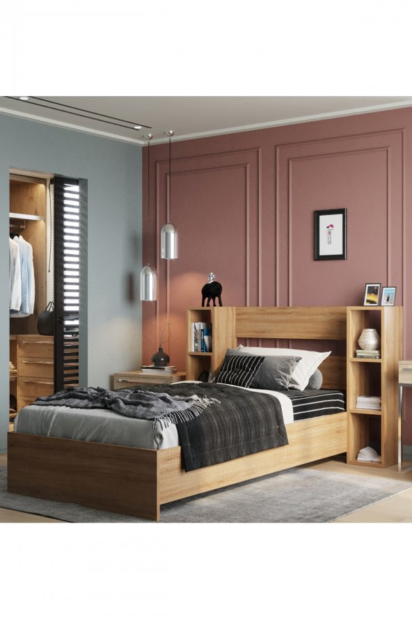 TOCCO 1097 Smart Meşe Lüx Kitaplıklı Tek Kişilik Karyola ürün görseli 1
