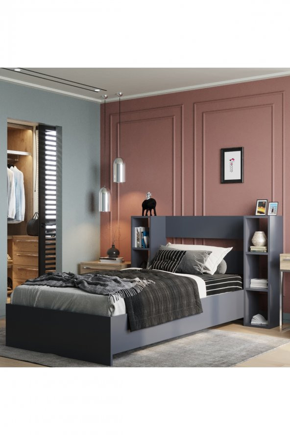 TOCCO 1097 Smart Antrasit Lüx Kitaplıklı Tek Kişilik Karyola ürün görseli 1