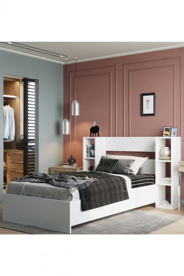 TOCCO 1097 Smart Beyaz Lüx Kitaplıklı Tek Kişilik Karyola ürün görseli 1