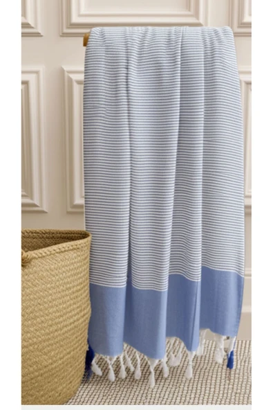 Vivesta Home %100 Pamuk İnce Çizgili Mavi Beyaz 90x170 cm Peştemal Plaj Havlusu ürün görseli 1