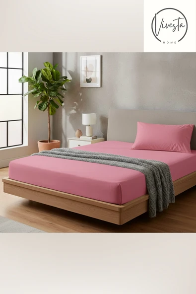 Vivesta Home 100x200 Tek Kişilik Pembe Lastikli Çarşaf Seti + 1 Adet 50x70 Yastık Kılıfı | Nefes Alan Kumaş ürün görseli 1