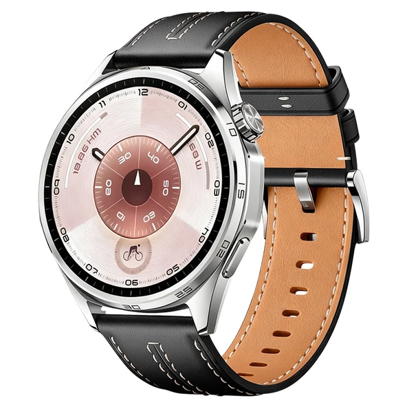 Sneezy Huawei Watch GT6 46mm İle Uyumlu Dikiş Desenli Deri Metal Tokalı Akıllı Saat Kordonu  Siyah ürün görseli 1