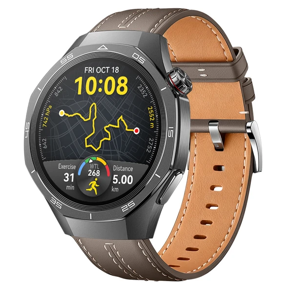 Sneezy Huawei Watch GT5 Pro 46mm İle Uyumlu Dikiş Desenli Deri Metal Tokalı Akıllı Saat Kordonu  Kahverengi ürün görseli 1