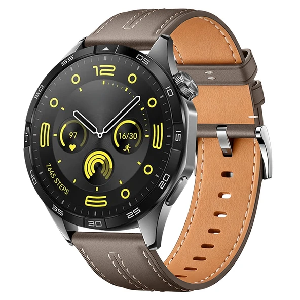 Sneezy Huawei Watch GT4 46mm İle Uyumlu Dikiş Desenli Deri Metal Tokalı Akıllı Saat Kordonu  Kahverengi ürün görseli 1