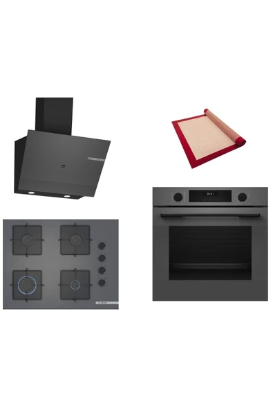 Bosch Gri 3 lü Ankastre Set (HUA717BN0T-POP7C9P30O-DWK67PJ70T) Buhar Destekli - Pişirme Matı ile ürün görseli 1