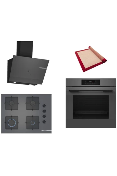 Bosch Gri 3 lü Ankastre Set (HJG852YN0T-POP7C9P30O-DWK67PJ70T) 3D Fry - Pişirme Matı ile ürün görseli 1