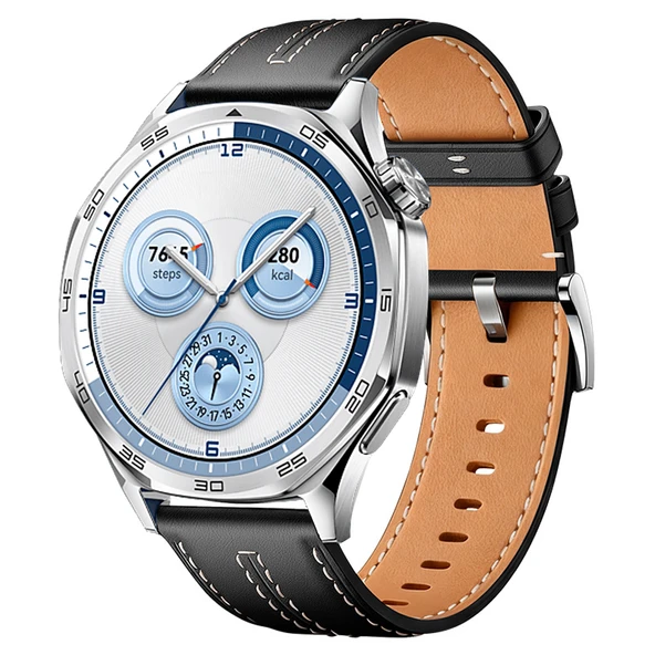 Sneezy Huawei Watch GT5 46mm İle Uyumlu Dikiş Desenli Deri Metal Tokalı Akıllı Saat Kordonu  Siyah ürün görseli 1