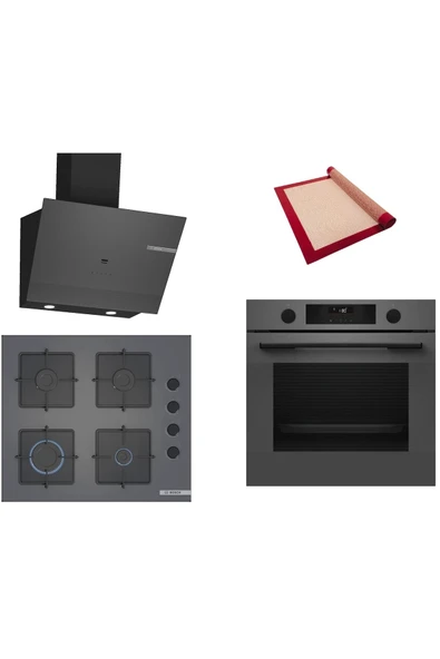 Bosch Gri 3 lü Ankastre Set (HUA736EN0T-POP6C9P30O-DWK67PJ70T) Buhar Destekli - Pişirme Matı ile ürün görseli 1
