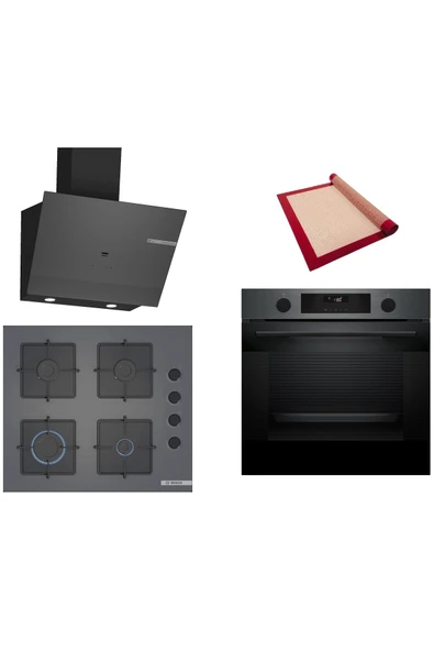 Bosch Gri 3 lü Ankastre Set (HUA736EG0T-POP6C9P30O-DWK67PJ70T) Buhar Destekli - Pişirme Matı ile ürün görseli 1