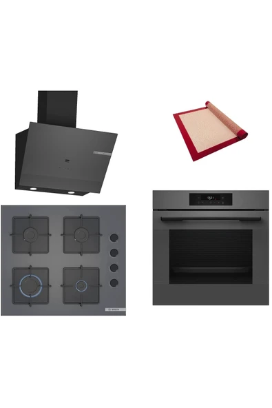 Bosch Gri 3 lü Ankastre Set (HJG852YN0T-POP6C9P30O-DWK67PJ70T) 3D Fry - Pişirme Matı ile ürün görseli 1