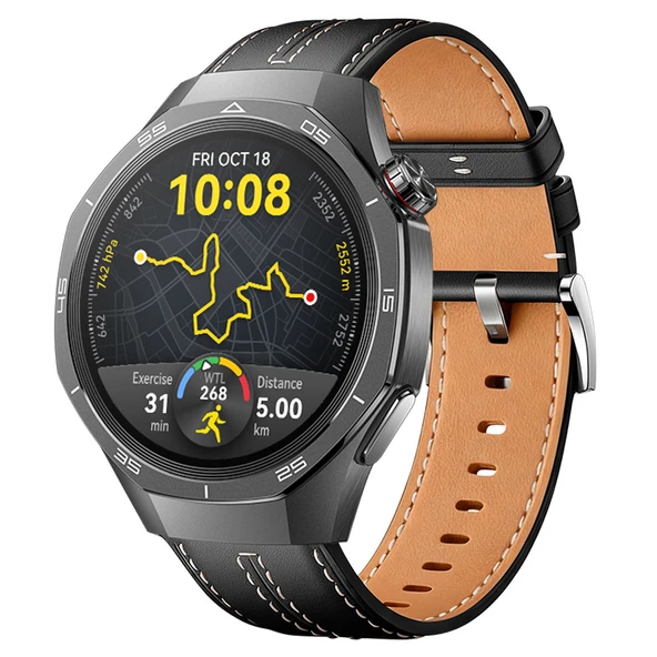 Sneezy Huawei Watch GT5 Pro 46mm İle Uyumlu Dikiş Desenli Deri Metal Tokalı Akıllı Saat Kordonu  Siyah ürün görseli 1