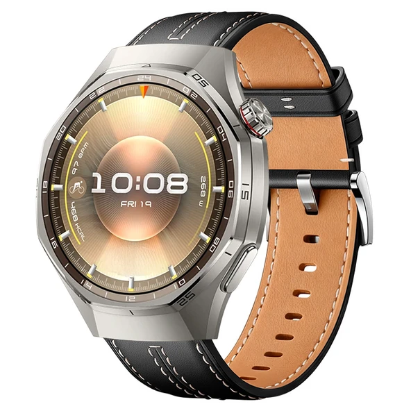Sneezy Huawei Watch GT6 Pro 46mm İle Uyumlu Dikiş Desenli Deri Metal Tokalı Akıllı Saat Kordonu  Siyah ürün görseli 1