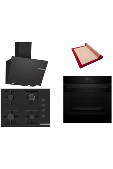 Bosch Siyah 3 lü Ankastre Set (HJG852YB0T-POP7C6P30O-DWK66PJ60T) 3D Fry - Pişirme Matı ile ürün görseli 1