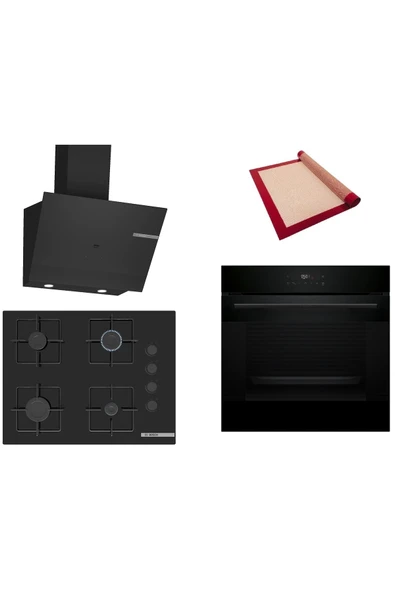 Bosch Siyah 3 lü Ankastre Set (HJG852YB0T-POP7C6P30O-DWK67PJ60T) 3D Fry - Pişirme Matı ile ürün görseli 1