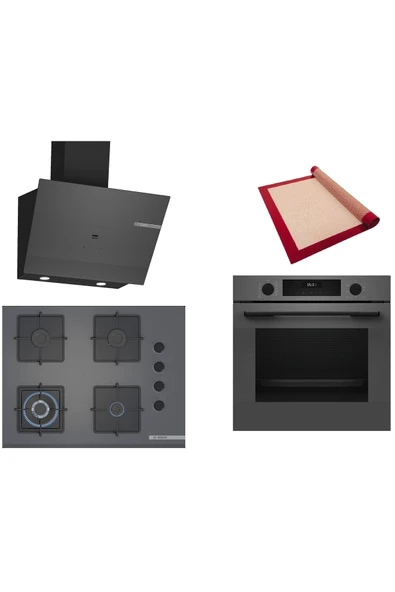 Bosch Gri 3 lü Ankastre Set (HUA717BN0T-POH7C9P30O-DWK67PJ70T) Buhar Destekli - Pişirme Matı ile ürün görseli 1