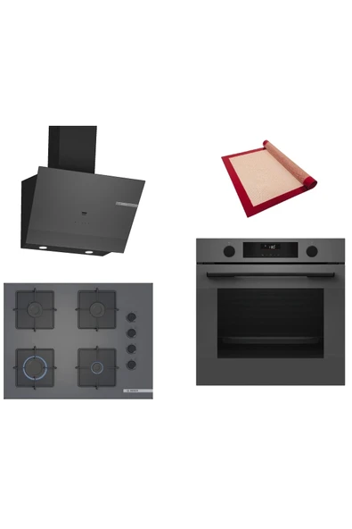 Bosch Gri 3 lü Ankastre Set (HUA736EN0T-POP7C9P30O-DWK67PJ70T) Buhar Destekli - Pişirme Matı ile ürün görseli 1