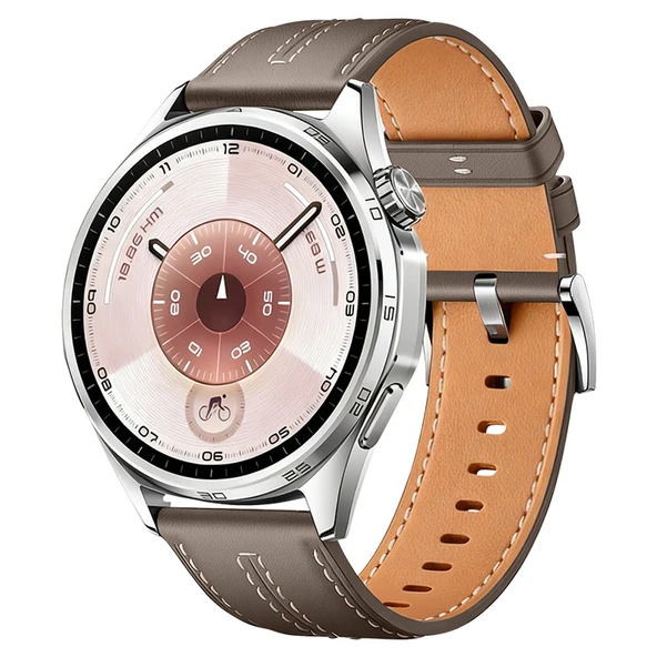 Sneezy Huawei Watch GT6 46mm İle Uyumlu Dikiş Desenli Deri Metal Tokalı Akıllı Saat Kordonu  Kahverengi ürün görseli 1