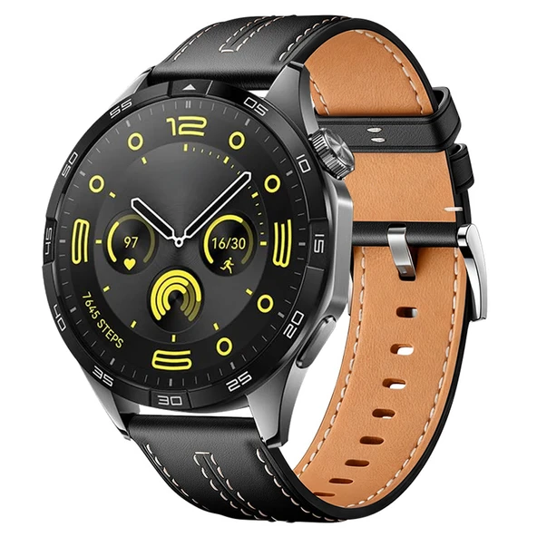 Sneezy Huawei Watch GT4 46mm İle Uyumlu Dikiş Desenli Deri Metal Tokalı Akıllı Saat Kordonu  Siyah ürün görseli 1