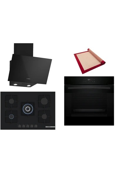 Bosch Siyah 3 lü Ankastre Set (HJG852YB0T-PNQ7B6P30O-DWK63PJ60T) 3D Fry - Pişirme Matı ile ürün görseli 1