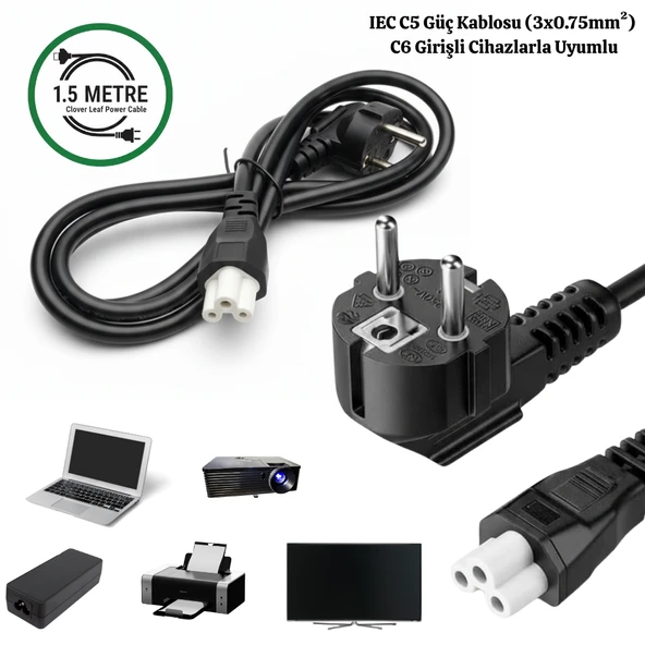 GABBLE 1.5 Metre C5 Yonca Güç Kablosu 250V Laptop Notebook Adaptör TV Monitör Yazıcı Uyumlu ürün görseli 1