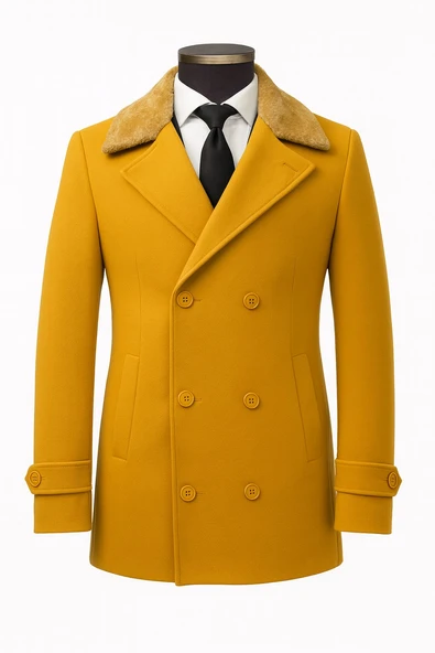 Erkek Kürklü Yaka Kaşe Kaban – Slim Fit Çift Düğmeli Kışlık Mont ürün görseli 1