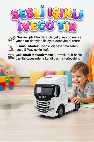 Işıklı Sesli Pilli Çek Bırak Metal Oyuncak IVECO Tır ürün görseli 1
