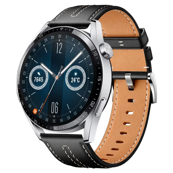 Huawei Watch GT3 Pro GT3 GT2 46mm İle Uyumlu Dikiş Desenli Deri Metal Tokalı Akıllı Saat Kordonu  Siyah ürün görseli 1
