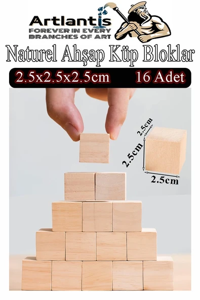 Naturel Ahşap Küp Bloklar 2.5x2.5x2.5cm 16 Adet Ahşap Naturel Kare Blok Eğitici Geliştirici Oyuncak Küp Matematik Birim ürün görseli 1