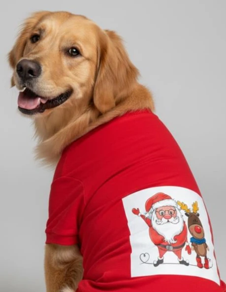 Noel Baba ve Geyik Baskılı Kırmızı Pamuklu Yılbaşı Köpek Tişörtü | Orta ve Büyük Irklar İçin ürün görseli 1