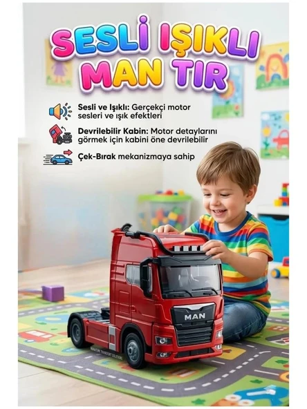 MAN Tır Oyuncak Sarı Çek Bırak Sesli ve Işıklı Devrilebilir Kabinli Gerçekçi Çekici 12cm ürün görseli 1