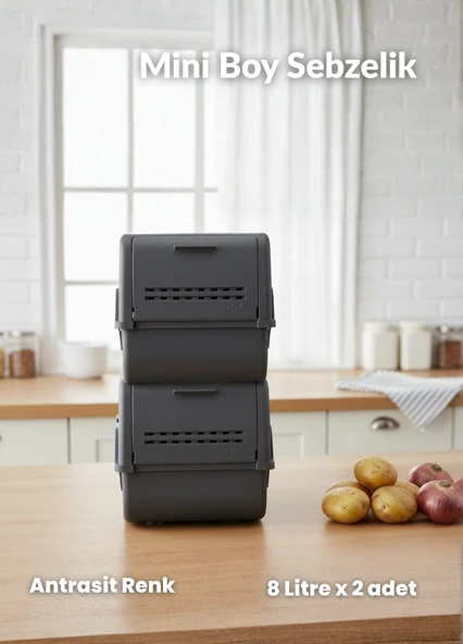 2'li Mini Boy Patates Soğan Sepeti BPA Free Sebzelik Organizer Kutu Motek Antrasit 8 L ürün görseli 1