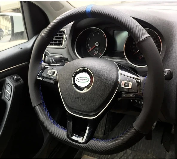 Alcantara Karbon Model Dikişli Oto Direksiyon Kılıfı Mavi Yüzüklü ürün görseli 1