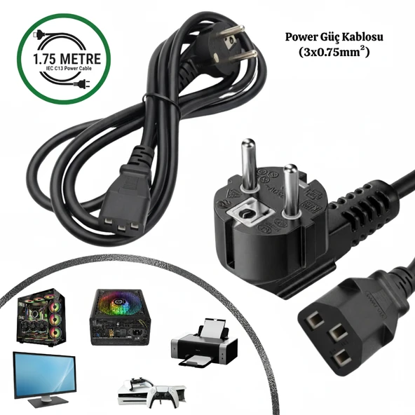 1.75 Metre Standart Power Kablosu PC Bilgisayar Monitör Yazıcı Güç Kablosu 3 Pin IEC C13 Kasa Elektrik Bağlantı Kablosu ürün görseli 1