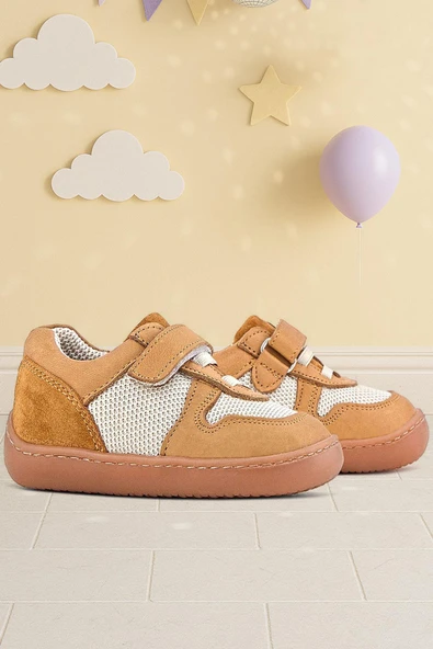 Rakerplus Bob Hakiki Deri Taba Krem Barefoot Cırtlı Lastikli Bebek Sneaker Ayakkabı ürün görseli 1