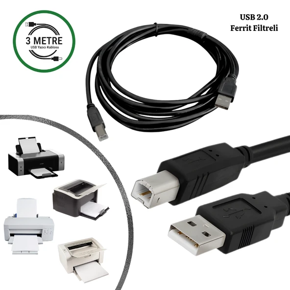 GABBLE USB 2.0 Yüksek Hızlı Yazıcı Kablosu 3 Metre (Ferrit Filtreli) PC Printer Bağlantı Kablosu ürün görseli 1
