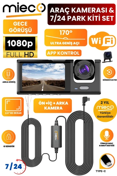 Mieco 1S 3 Kameralı Araç Kamerası Seti - Wifi / App / Fhd/ 170 Ultra Geniş Açı/ G-sensörü/ + Park Kiti ürün görseli 1